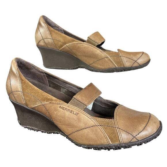 Merrell Shoes Women Size 9 Orchid Tan Brown Mary Jane Wedge Leather Comfort - Picture 1 of 10